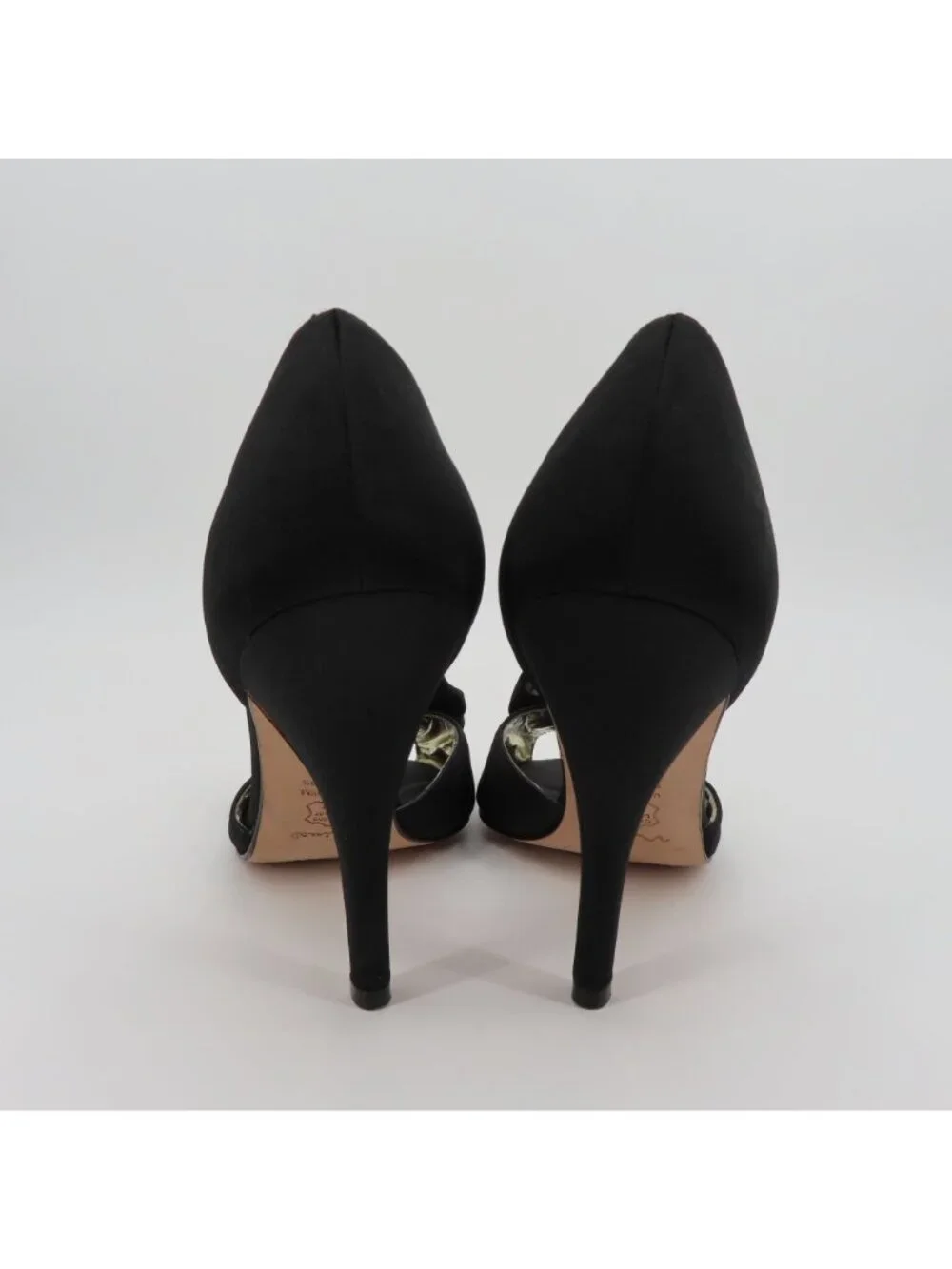 Nina Women 9.5 M Black Satin Fabric Bow Rhinestone Peep Toe Dorsay Heels Shoes
